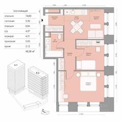 МФК «B'aires», планировка 3-комнатной квартиры, 48.38 м²