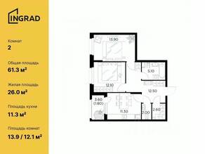 ЖК «Новое Медведково», планировка 2-комнатной квартиры, 61.30 м²