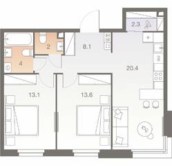 ЖК «Twelve», планировка 3-комнатной квартиры, 63.50 м²