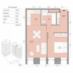МФК «B'aires», планировка 2-комнатной квартиры, 42.62 м²