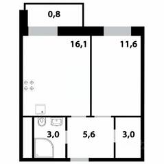 ЖК «Союзный», планировка 1-комнатной квартиры, 41.10 м²