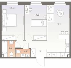 ЖК «Twelve», планировка 3-комнатной квартиры, 62.70 м²