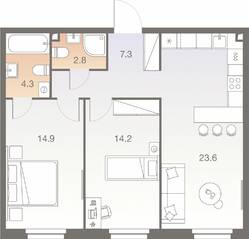 ЖК «Twelve», планировка 3-комнатной квартиры, 67.10 м²