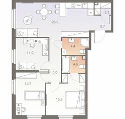 ЖК «Twelve», планировка 4-комнатной квартиры, 87.30 м²