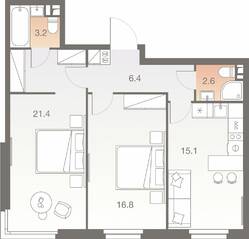 ЖК «Twelve», планировка 2-комнатной квартиры, 65.50 м²
