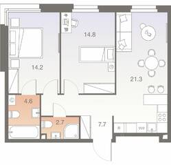 ЖК «Twelve», планировка 3-комнатной квартиры, 65.30 м²