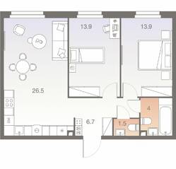 ЖК «Twelve», планировка 3-комнатной квартиры, 66.50 м²