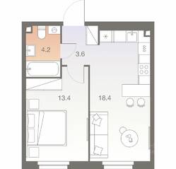 ЖК «Twelve», планировка 2-комнатной квартиры, 39.60 м²