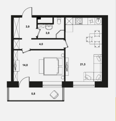Апарт-отель «Клубный дом на Менжинского», планировка 2-комнатной квартиры, 47.00 м²