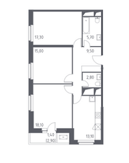 МФК «Спутник», планировка 3-комнатной квартиры, 82.90 м²