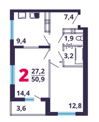 ЖК «Лидер парк», планировка 2-комнатной квартиры, 50.90 м²