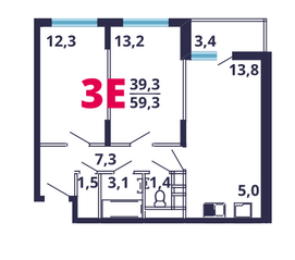 ЖК «Лидер парк», планировка 3-комнатной квартиры, 59.30 м²