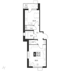 ЖК «Первый Лермонтовский», планировка 1-комнатной квартиры, 45.00 м²