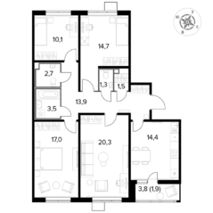 ЖК «Первый Лермонтовский», планировка 4-комнатной квартиры, 101.30 м²