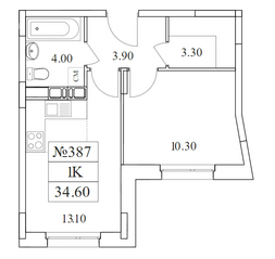 ЖК «Облака-2», планировка 1-комнатной квартиры, 34.60 м²