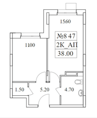 ЖК «Облака-2», планировка 2-комнатной квартиры, 38.00 м²