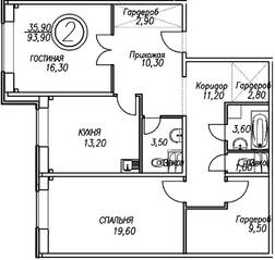ЖК «Новоснегиревский», планировка 2-комнатной квартиры, 93.90 м²