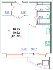 ЖК «Мой город», планировка 1-комнатной квартиры, 42.09 м²