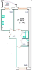 ЖК «Мой город», планировка 2-комнатной квартиры, 57.60 м²