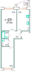 ЖК «Мой город», планировка 2-комнатной квартиры, 57.59 м²