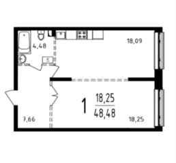 ЖК «Серебро», планировка 1-комнатной квартиры, 48.48 м²