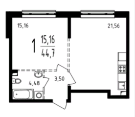 ЖК «Серебро», планировка 1-комнатной квартиры, 44.70 м²