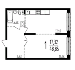ЖК «Серебро», планировка 1-комнатной квартиры, 48.85 м²