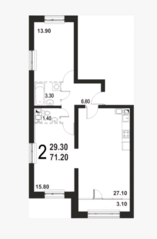 ЖК «Серебро», планировка 2-комнатной квартиры, 71.20 м²