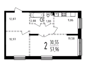 ЖК «Серебро», планировка 2-комнатной квартиры, 57.96 м²