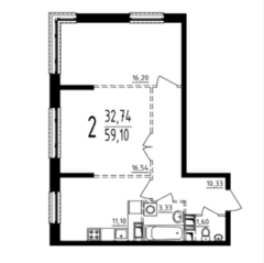 ЖК «Серебро», планировка 2-комнатной квартиры, 59.10 м²