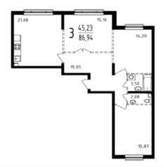 ЖК «Серебро», планировка 3-комнатной квартиры, 86.94 м²