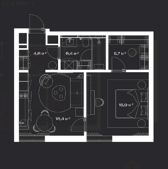 МФК «LUNAR», планировка 1-комнатной квартиры, 49.45 м²