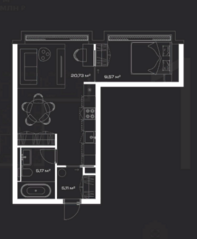 МФК «LUNAR», планировка 1-комнатной квартиры, 41.07 м²