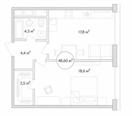 ЖК «Сенатор», планировка 1-комнатной квартиры, 48.60 м²