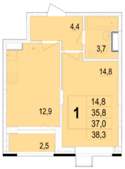 ЖК «Отрадный», планировка 1-комнатной квартиры, 37.00 м²