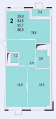 ЖК «Отрадный», планировка 2-комнатной квартиры, 65.70 м²
