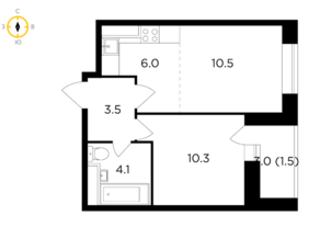 ЖК «Новое Пушкино», планировка 2-комнатной квартиры, 35.90 м²