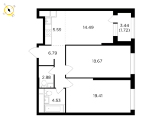 ЖК «КутузовGRAD II», планировка 3-комнатной квартиры, 74.08 м²
