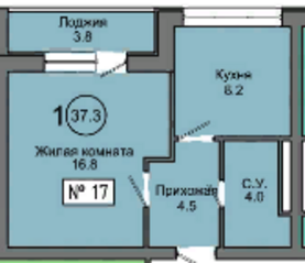 МЖК «Терра», планировка 1-комнатной квартиры, 37.30 м²