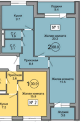 МЖК «Терра», планировка 2-комнатной квартиры, 68.00 м²