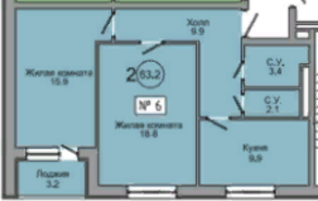 МЖК «Терра», планировка 2-комнатной квартиры, 63.20 м²