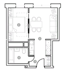 Апарт-отель «ФизтехСити», планировка 2-комнатной квартиры, 34.81 м²