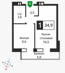 ЖК «Отрада», планировка 1-комнатной квартиры, 34.90 м²
