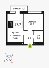 ЖК «Отрада», планировка 1-комнатной квартиры, 37.70 м²