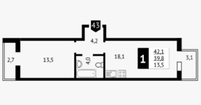 ЖК «Отрада», планировка 1-комнатной квартиры, 42.10 м²