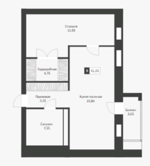 ЖК «Отрада», планировка 1-комнатной квартиры, 61.23 м²