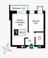 ЖК «Лесная Отрада», планировка 1-комнатной квартиры, 34.20 м²