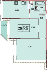 ЖК «Аврора (Химки)», планировка 2-комнатной квартиры, 64.65 м²