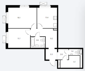 ЖК «Ильменский 17», планировка 2-комнатной квартиры, 64.40 м²
