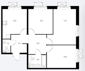 ЖК «Ильменский 17», планировка 3-комнатной квартиры, 71.80 м²